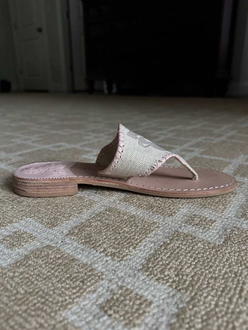 Jack Rogers Spartina Mermaid Thong Flip Flop Sandals Pink Ivory Leather Linen 9 - Picture 4 of 14